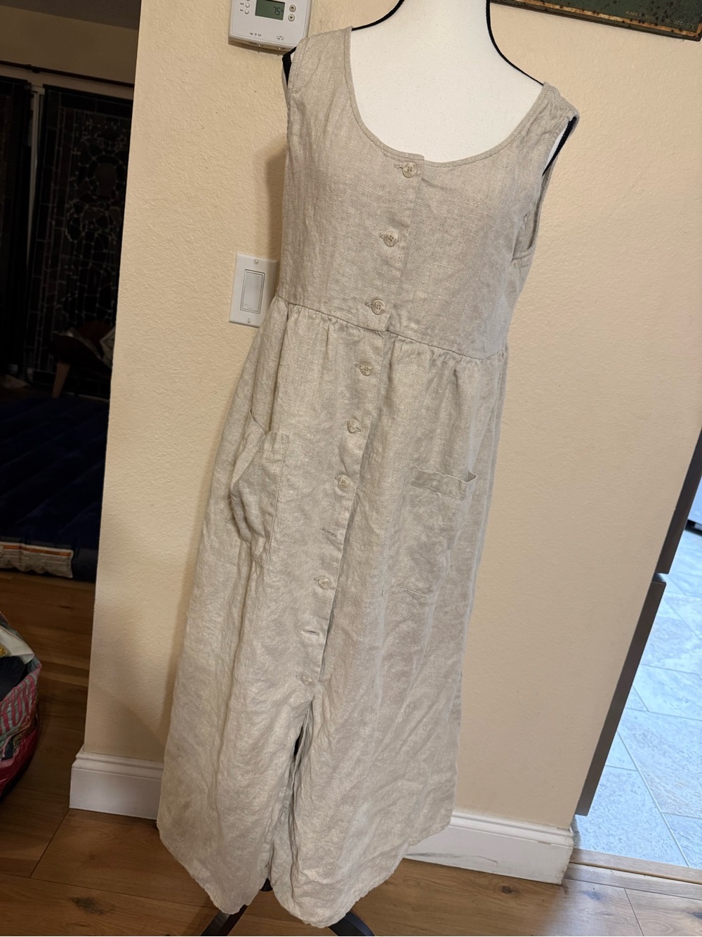 Cosmopolitan Vintage Linen Button Front Dress Womens Midi Lagenlook Oatmeal 10